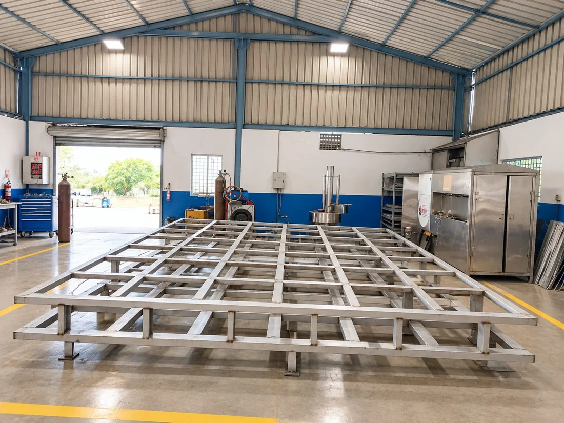 Stainless steel frames on the workshop floor