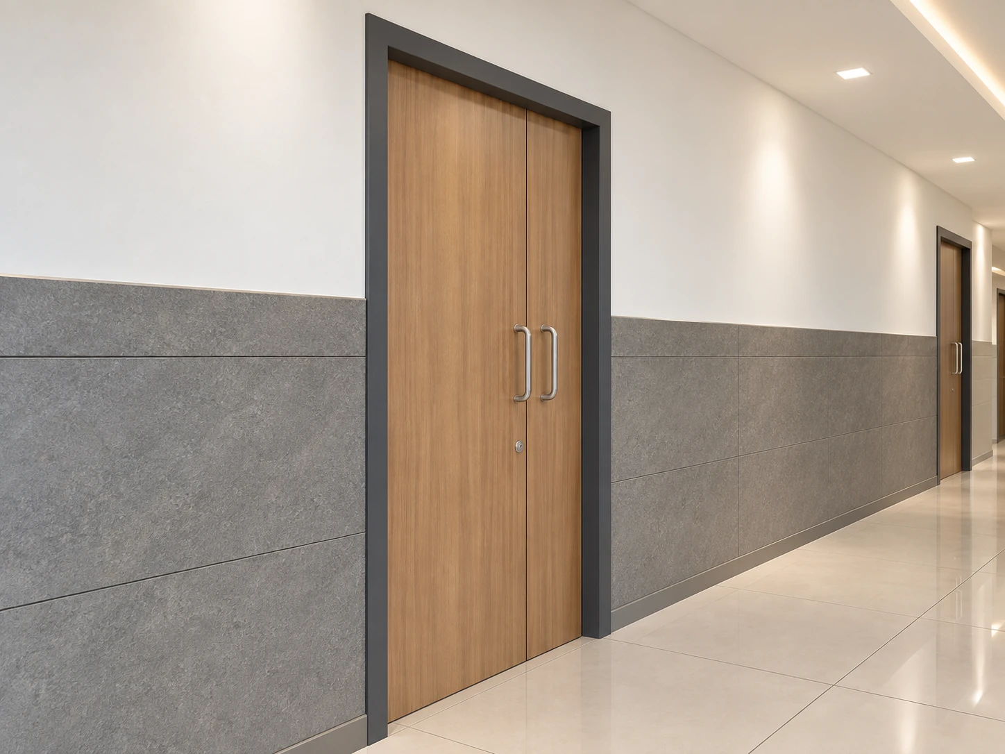 Double doors with wood finish in a facility corridor