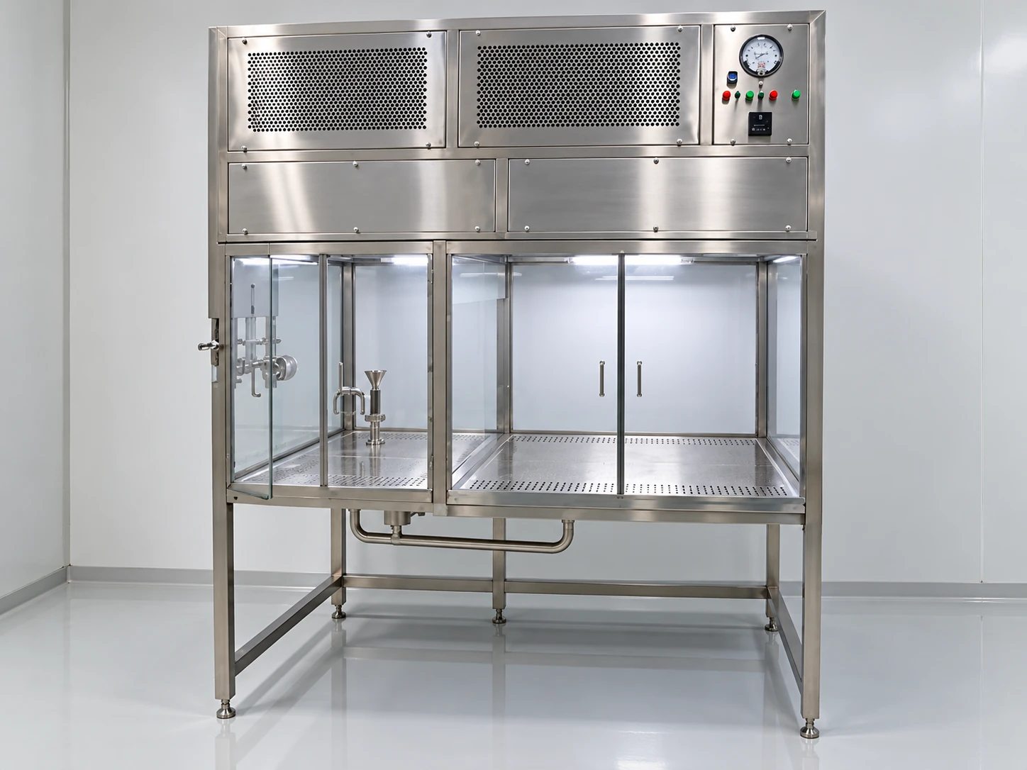 Stainless steel enclosed workstation with glass doors and control panel