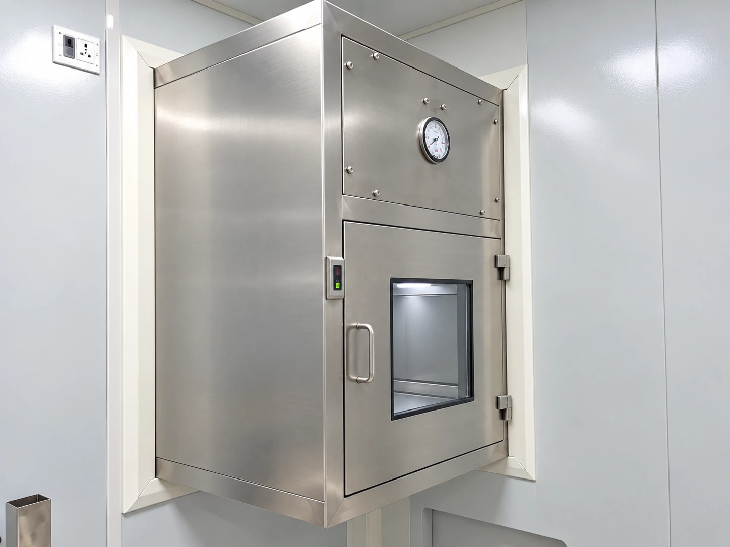 Wall mounted stainless steel pass box with viewing window