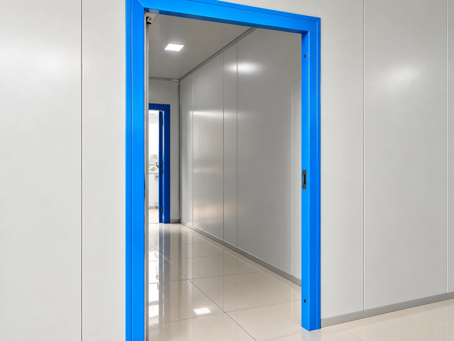 Blue framed doorway and cleanroom wall panels